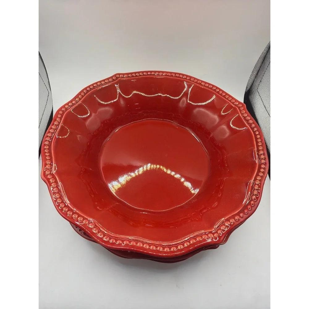 Set Of 3 Pioneer Woman Paige Red Soup/Cereal Bowl Scalloped Beaded Rim 8